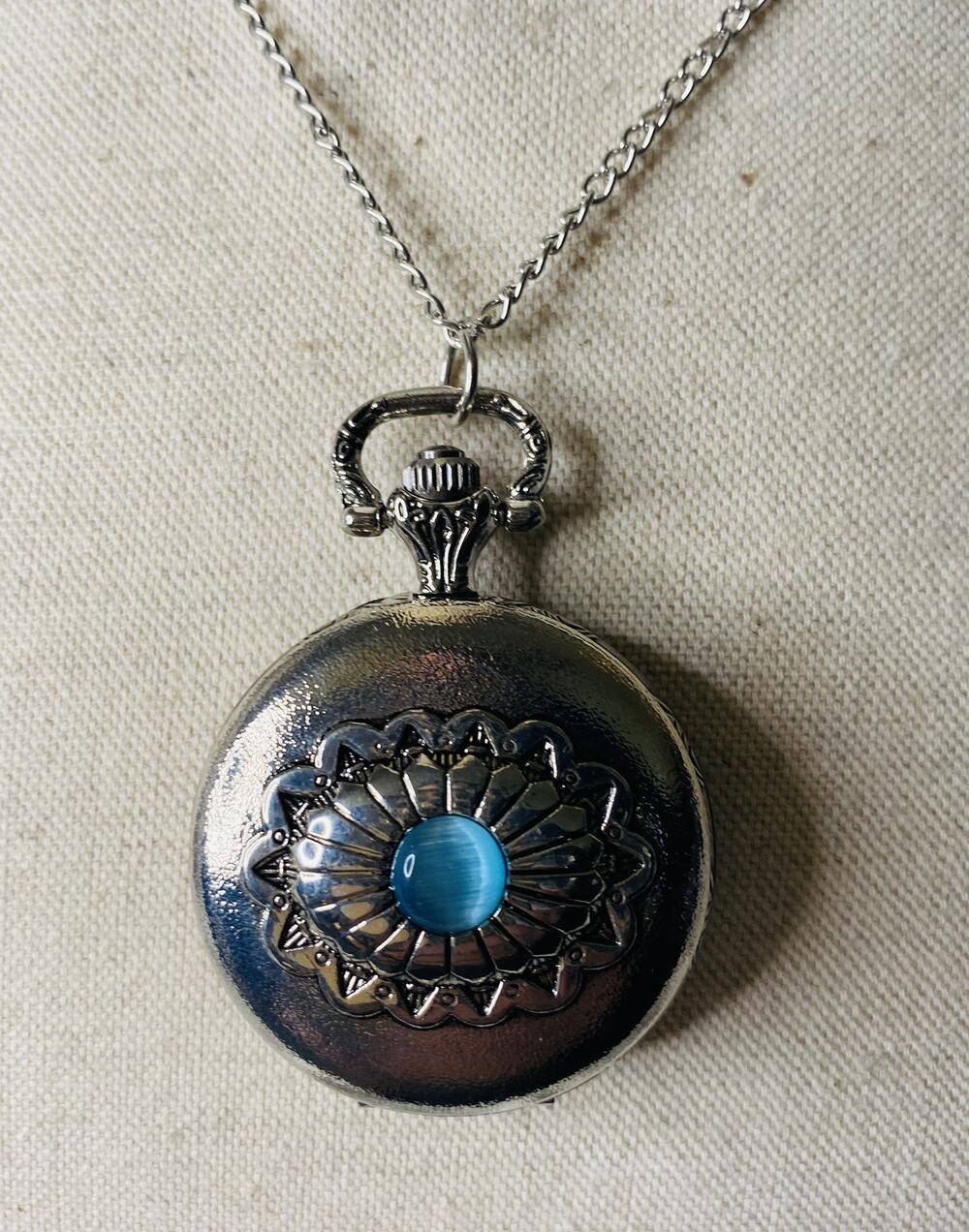 NWT Pocket Watch Double-Sided Necklace- Blue Tiger Eye - New Battery